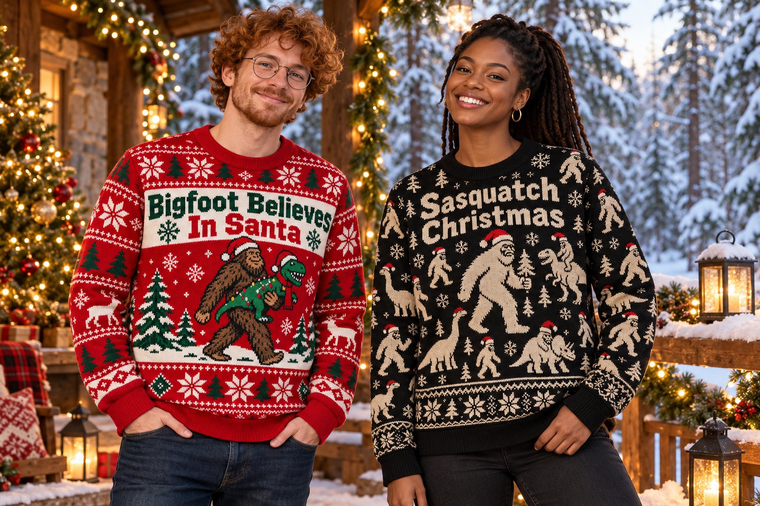 Two different adult models wear Bigfoot and Sasquatch Christmas sweatshirts on a festive snowy woodland lodge porch.