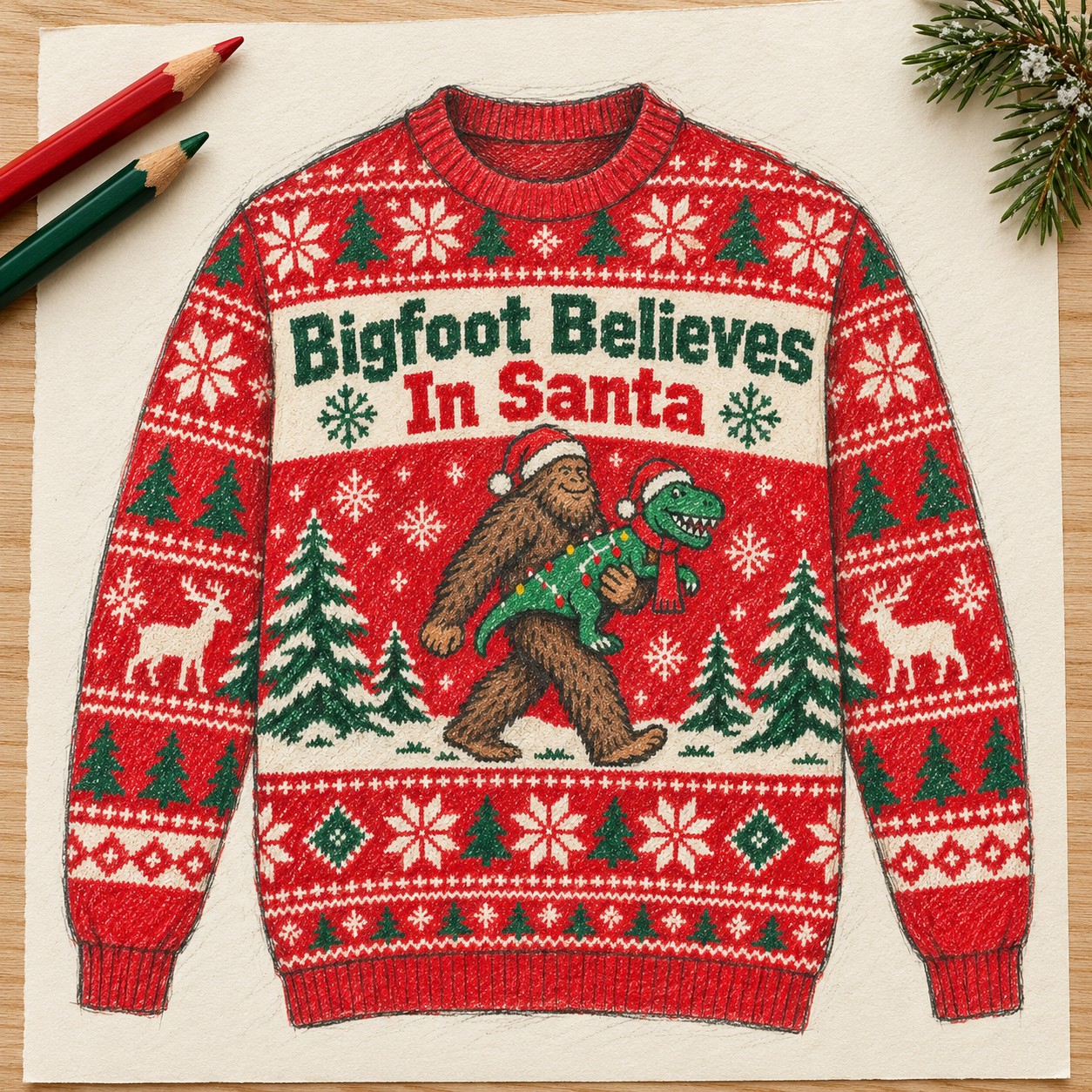 Illustrative colored-pencil concept sketch of the Bigfoot Believes In Santa Christmas sweatshirt.