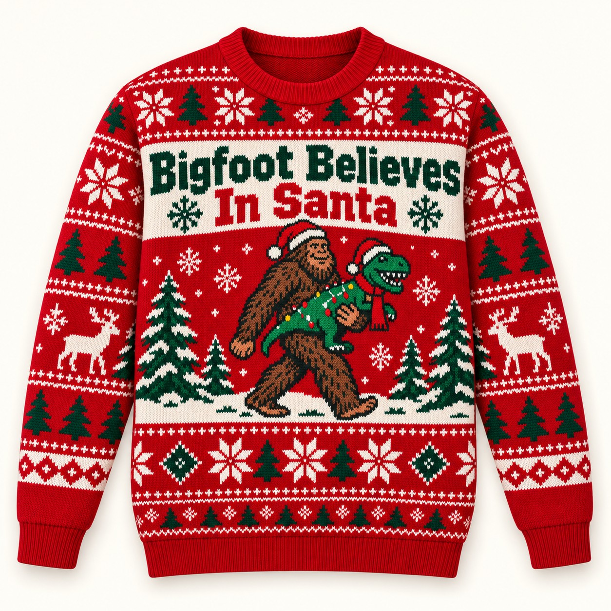 Illustrative digital front mockup of the Bigfoot Believes In Santa Christmas sweatshirt.