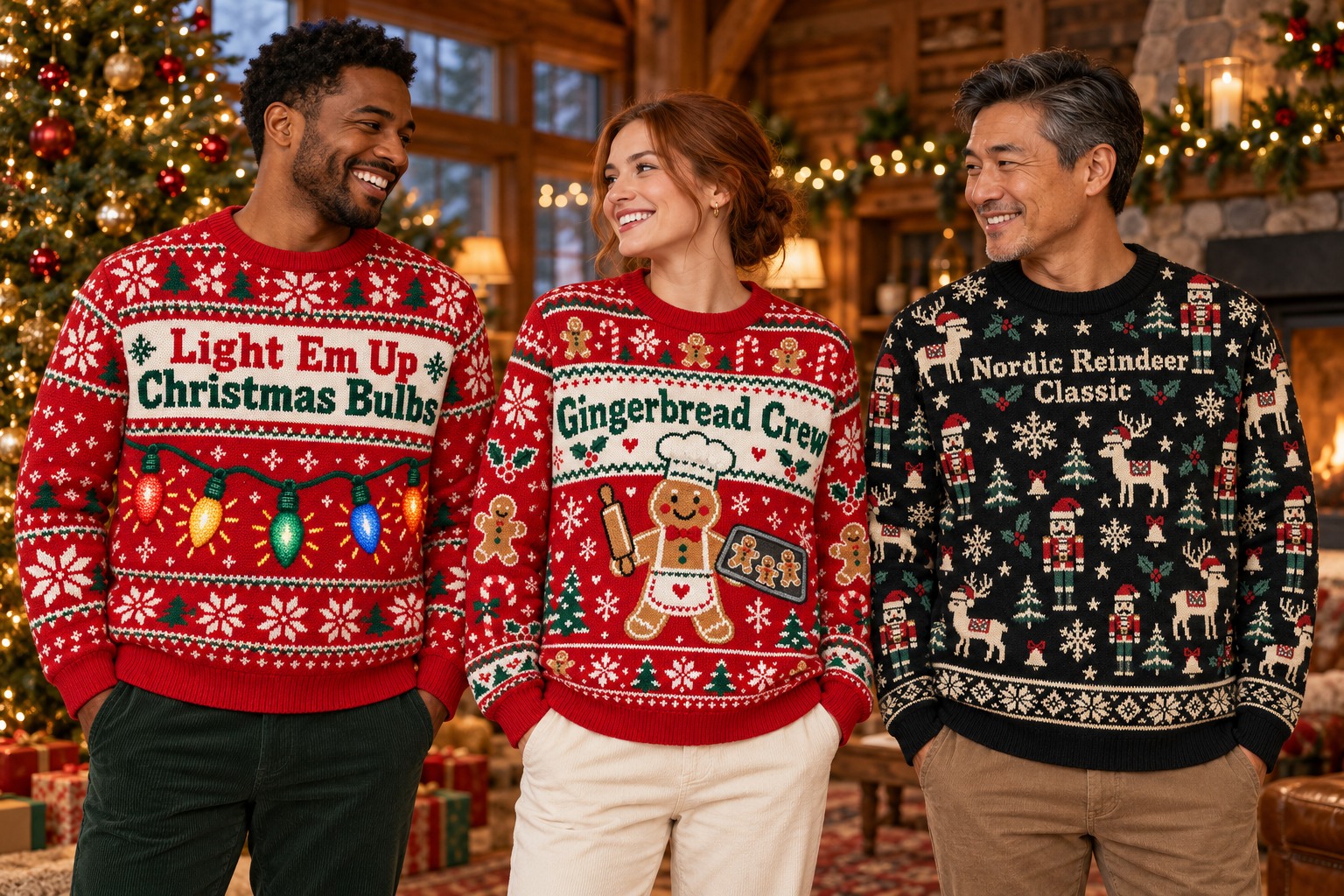 Three different adult models wearing Christmas Lights, Gingerbread Crew and Nordic Reindeer sweatshirts at a festive holiday gathering.