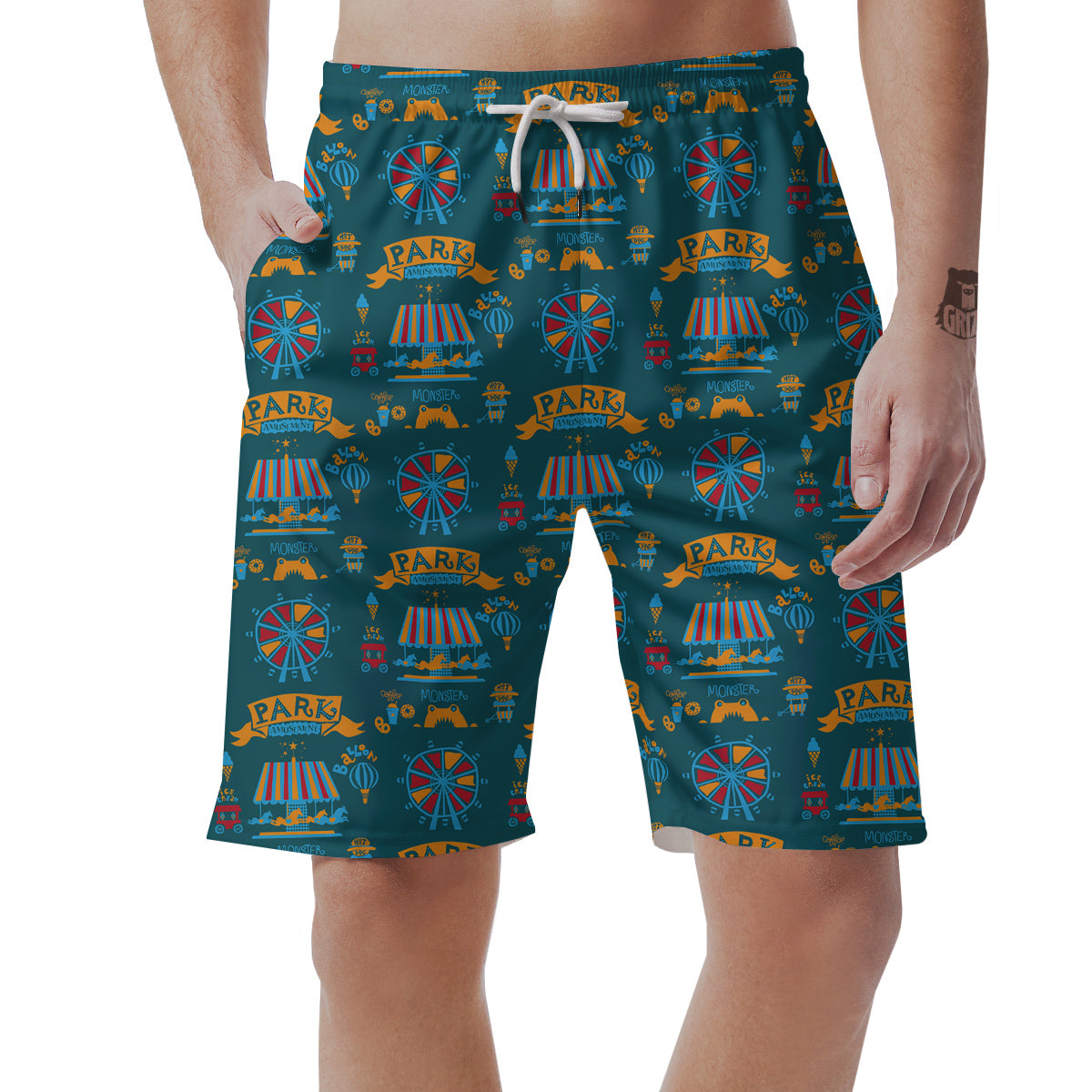 Circus Amusement Park Pattern Print Mens Beach Short