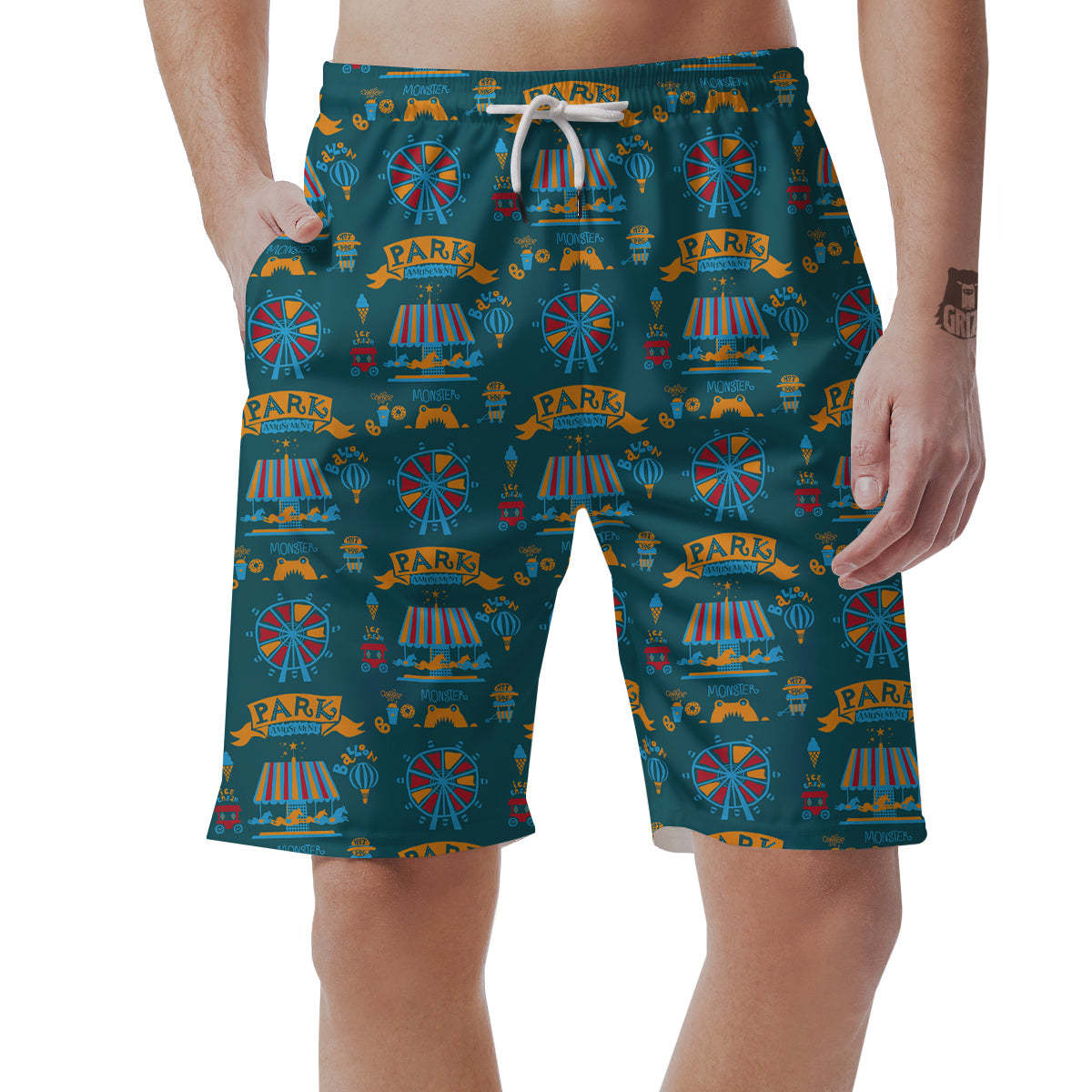 Circus Amusement Park Pattern Print Mens Beach Short