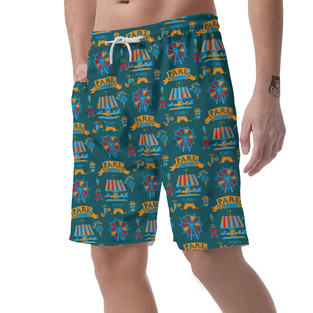Circus Amusement Park Pattern Print Mens Beach Short