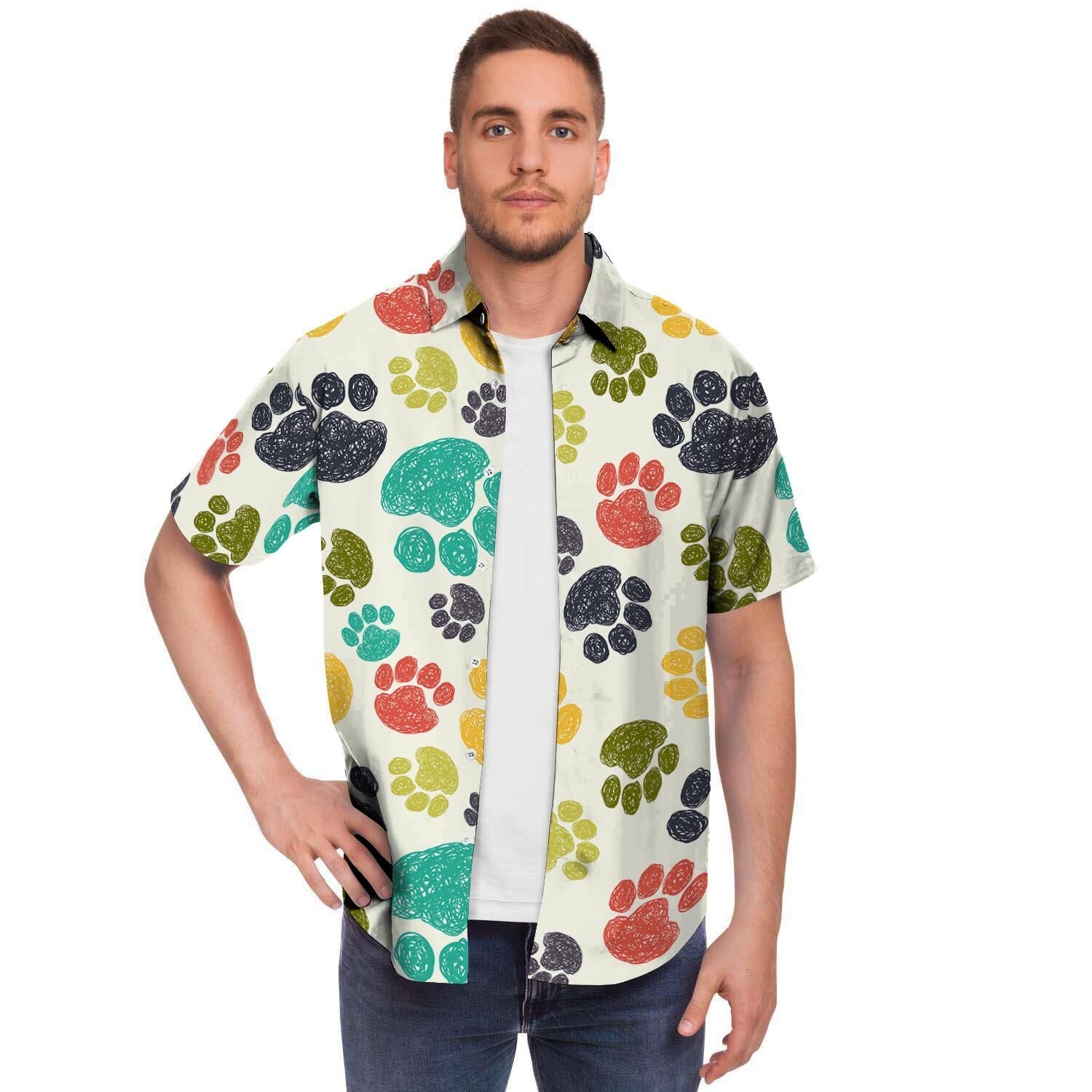 Colorful Doodle Paw Men Print Short Sleeve Button-Up Shirts