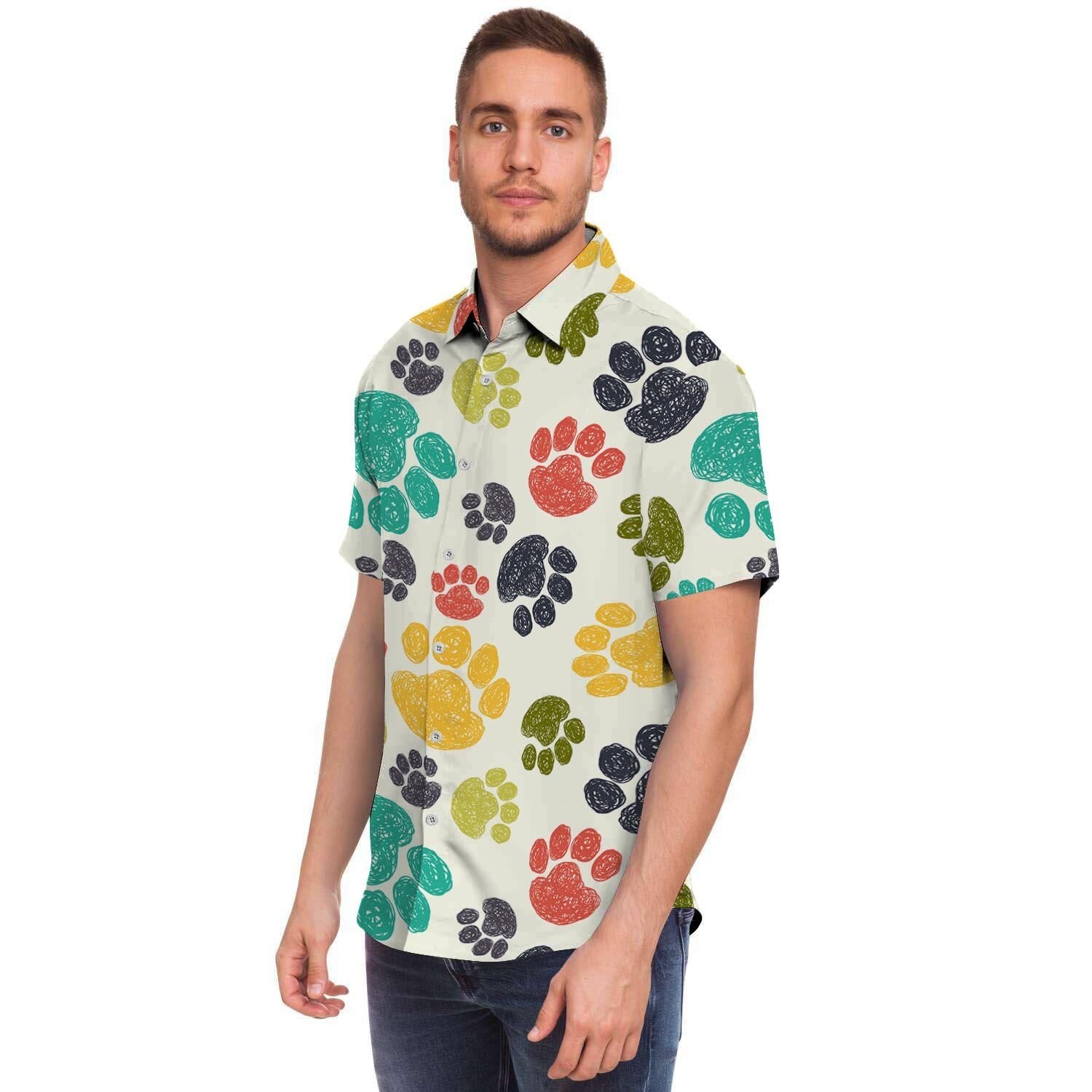 Colorful Doodle Paw Men Print Short Sleeve Button-Up Shirts