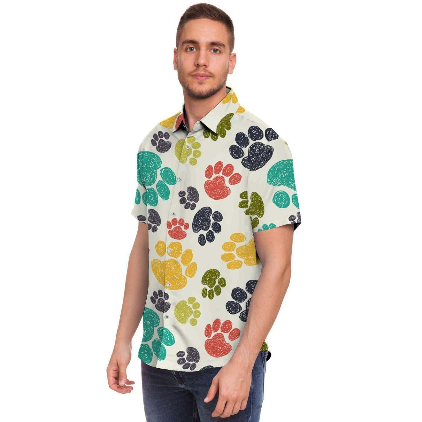 Colorful Doodle Paw Men Print Short Sleeve Button-Up Shirts