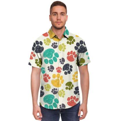 Colorful Doodle Paw Men Print Short Sleeve Button-Up Shirts