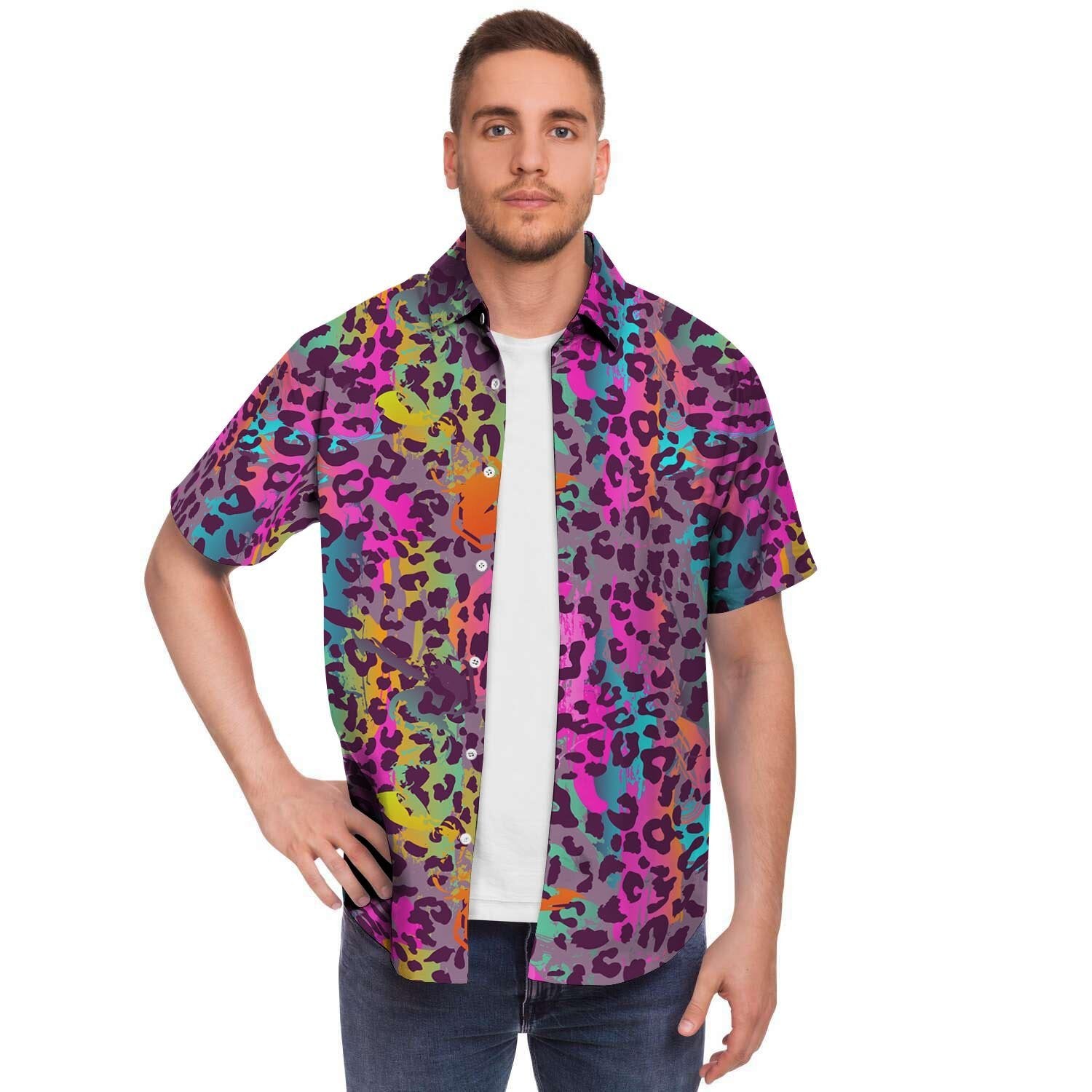 Colorful Leopard Men Print Short Sleeve Button-Up Shirts