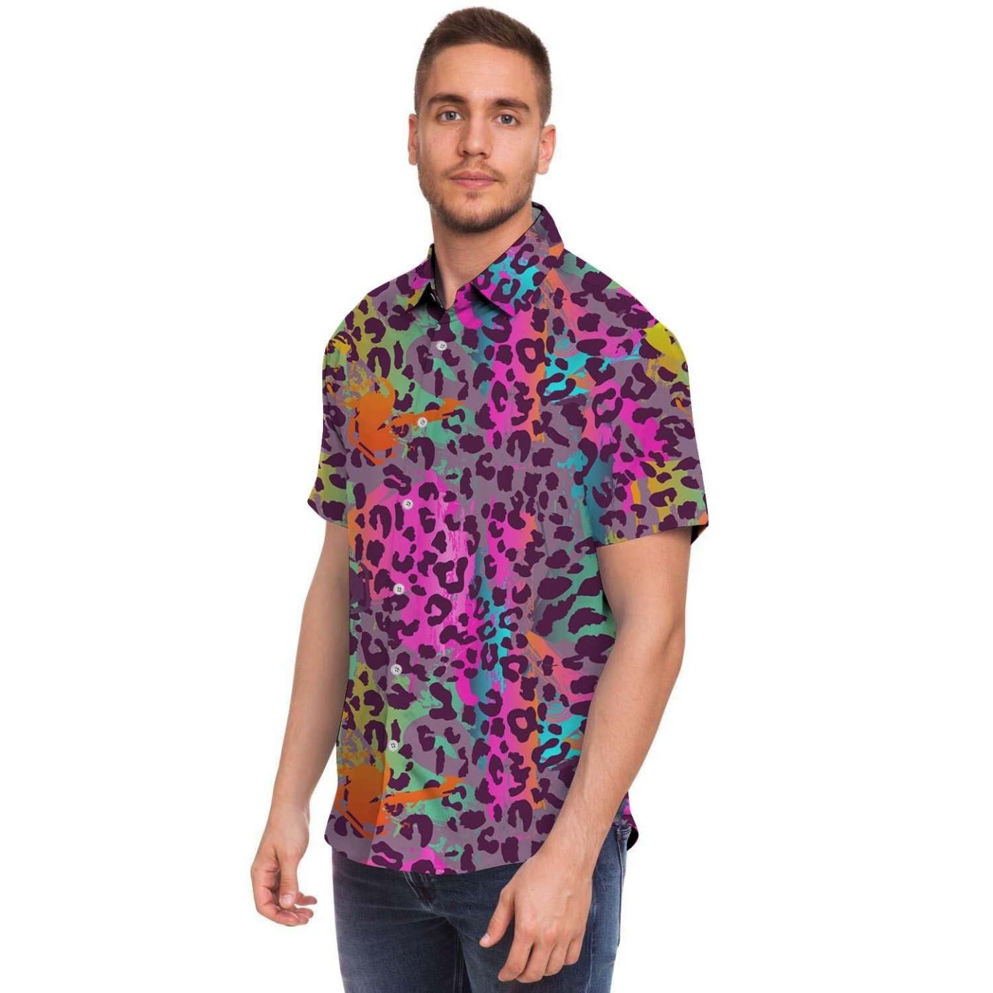 Colorful Leopard Men Print Short Sleeve Button-Up Shirts