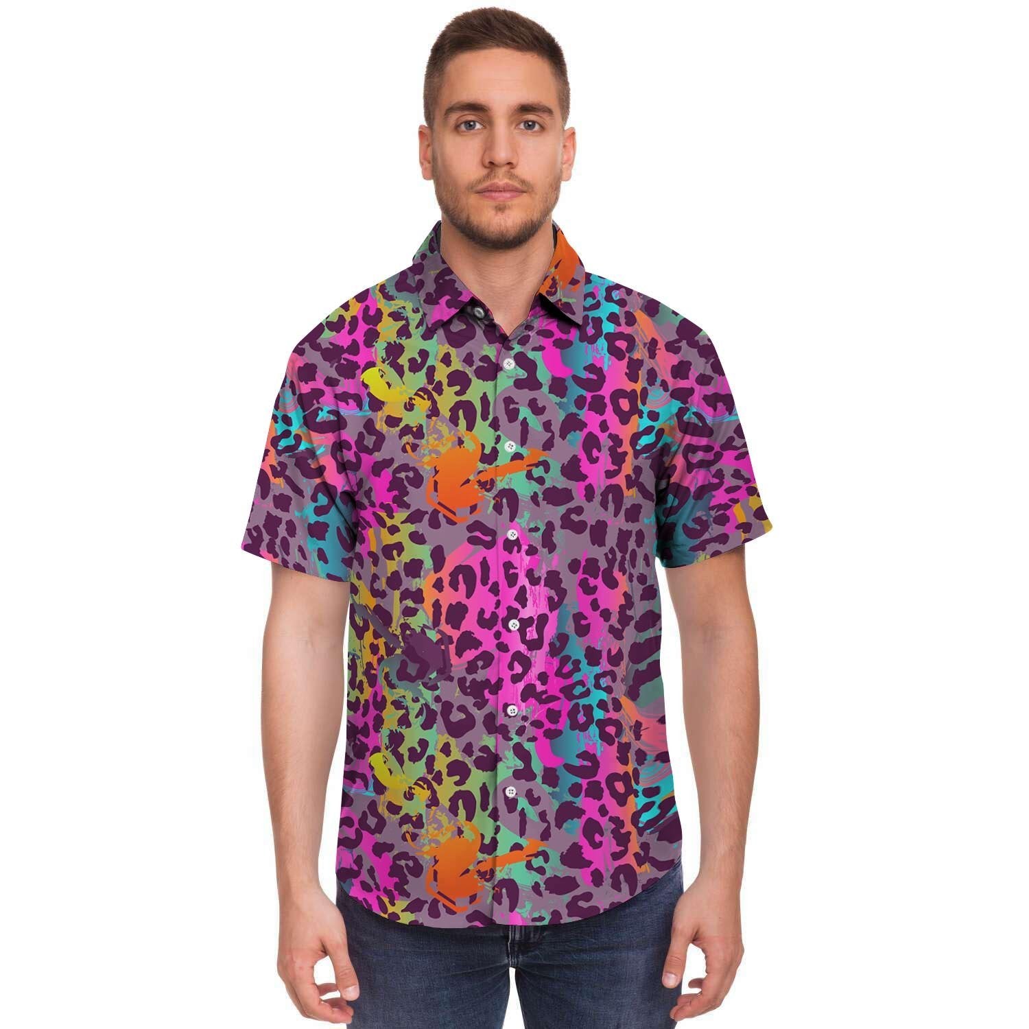 Colorful Leopard Men Print Short Sleeve Button-Up Shirts