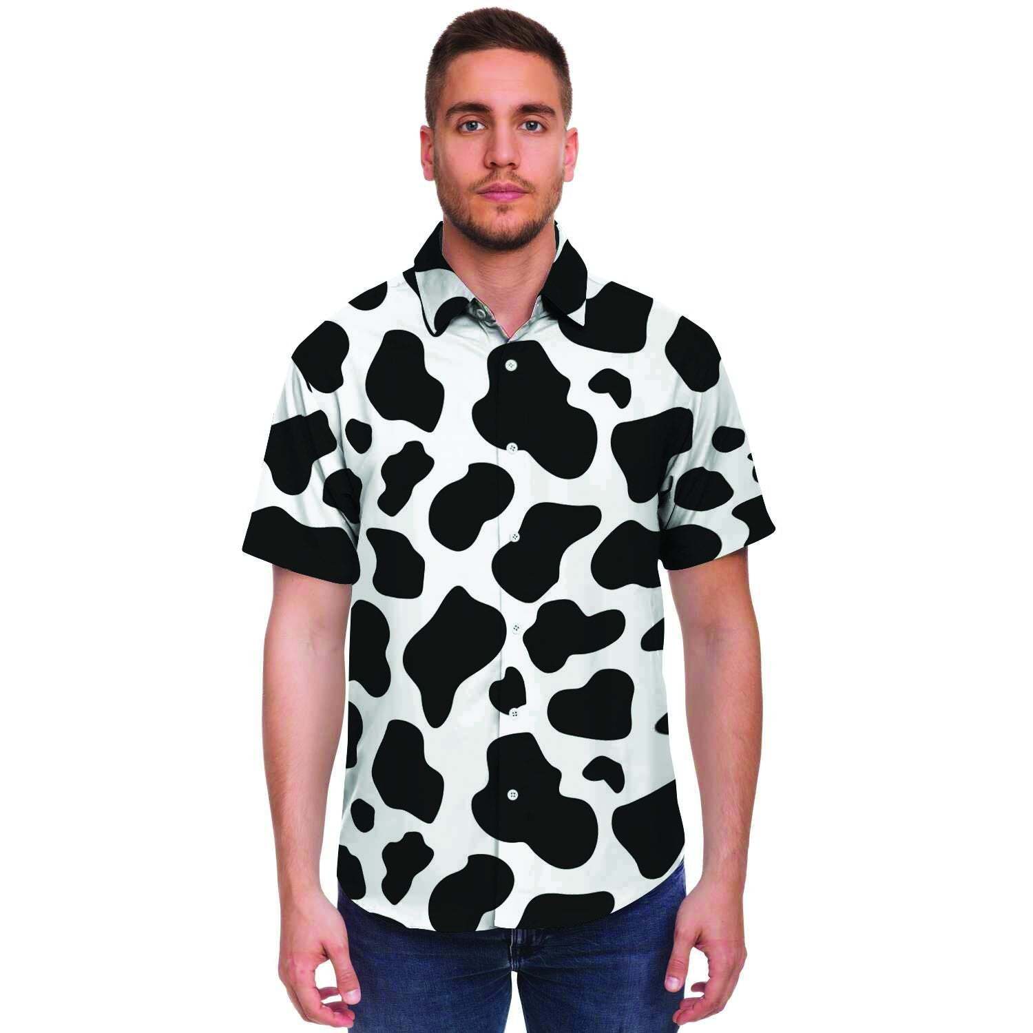 Cow Print Men Print Short Sleeve Button-Up Shirts