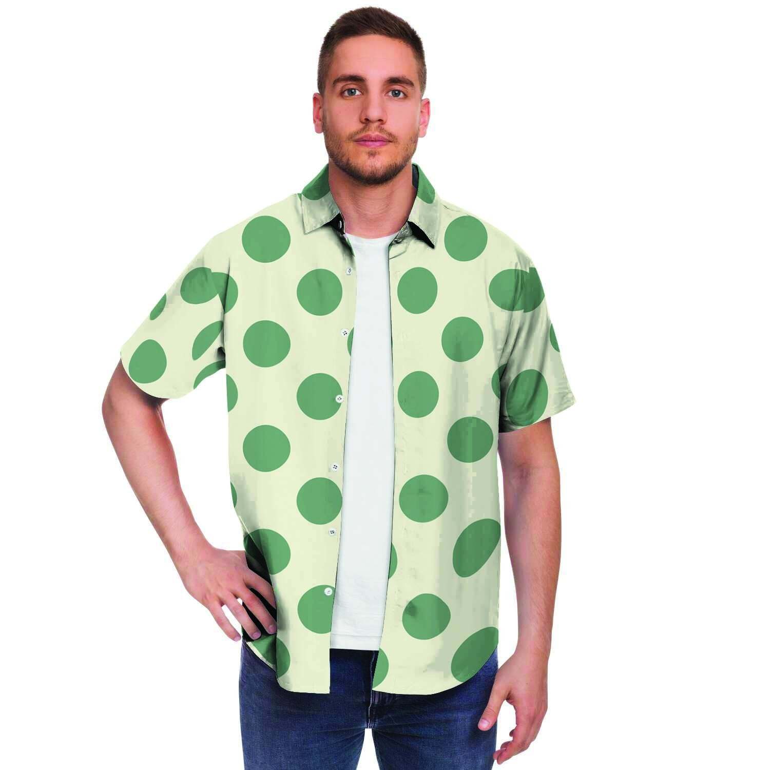 Cream And Emerald Polka Dot Men Print Short Sleeve Button-Up Shirts