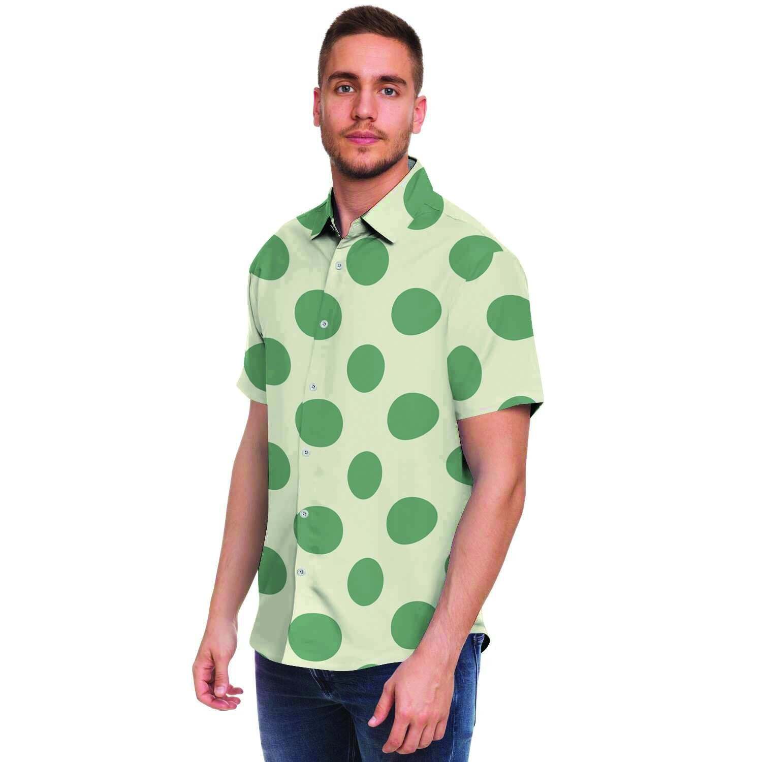 Cream And Emerald Polka Dot Men Print Short Sleeve Button-Up Shirts