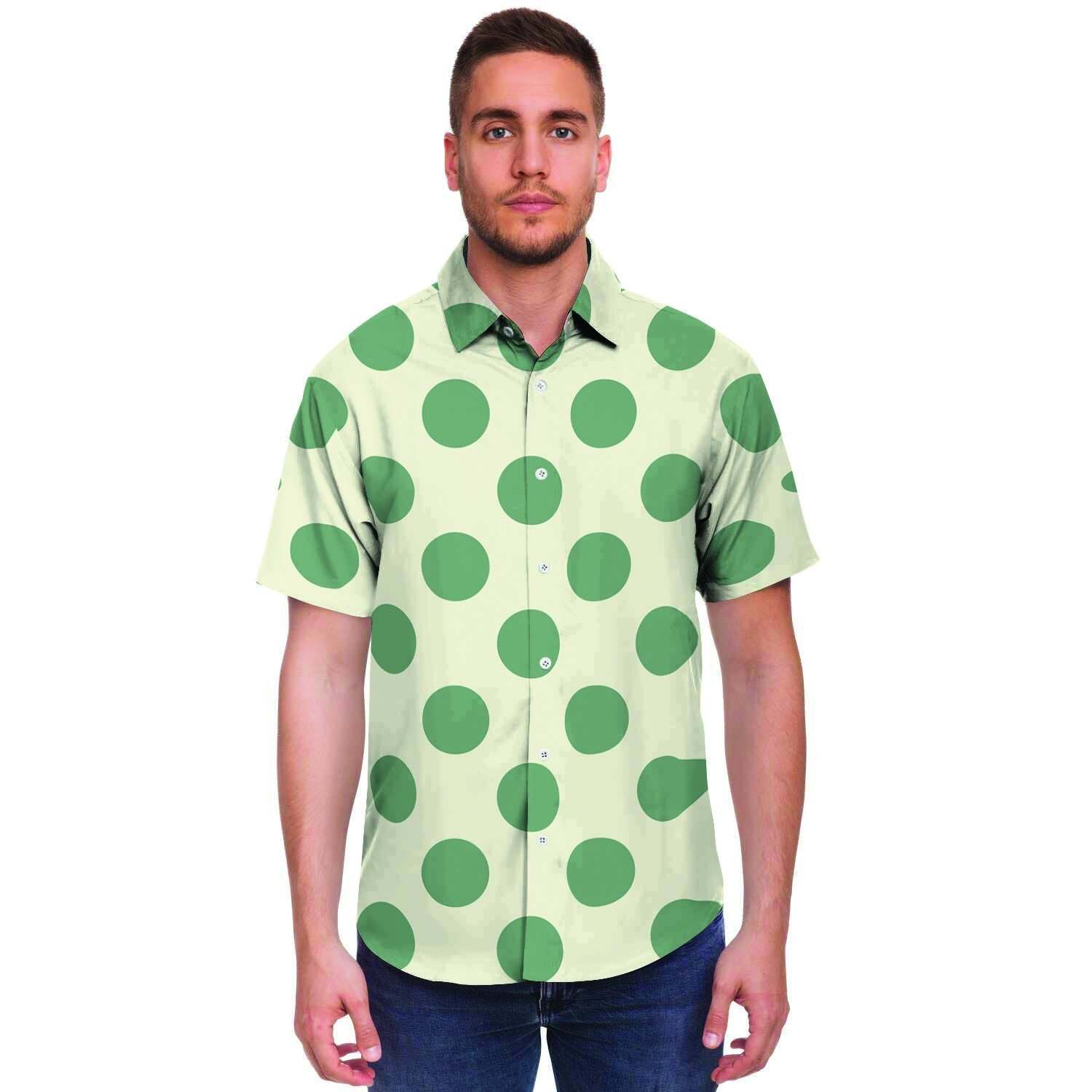 Cream And Emerald Polka Dot Men Print Short Sleeve Button-Up Shirts