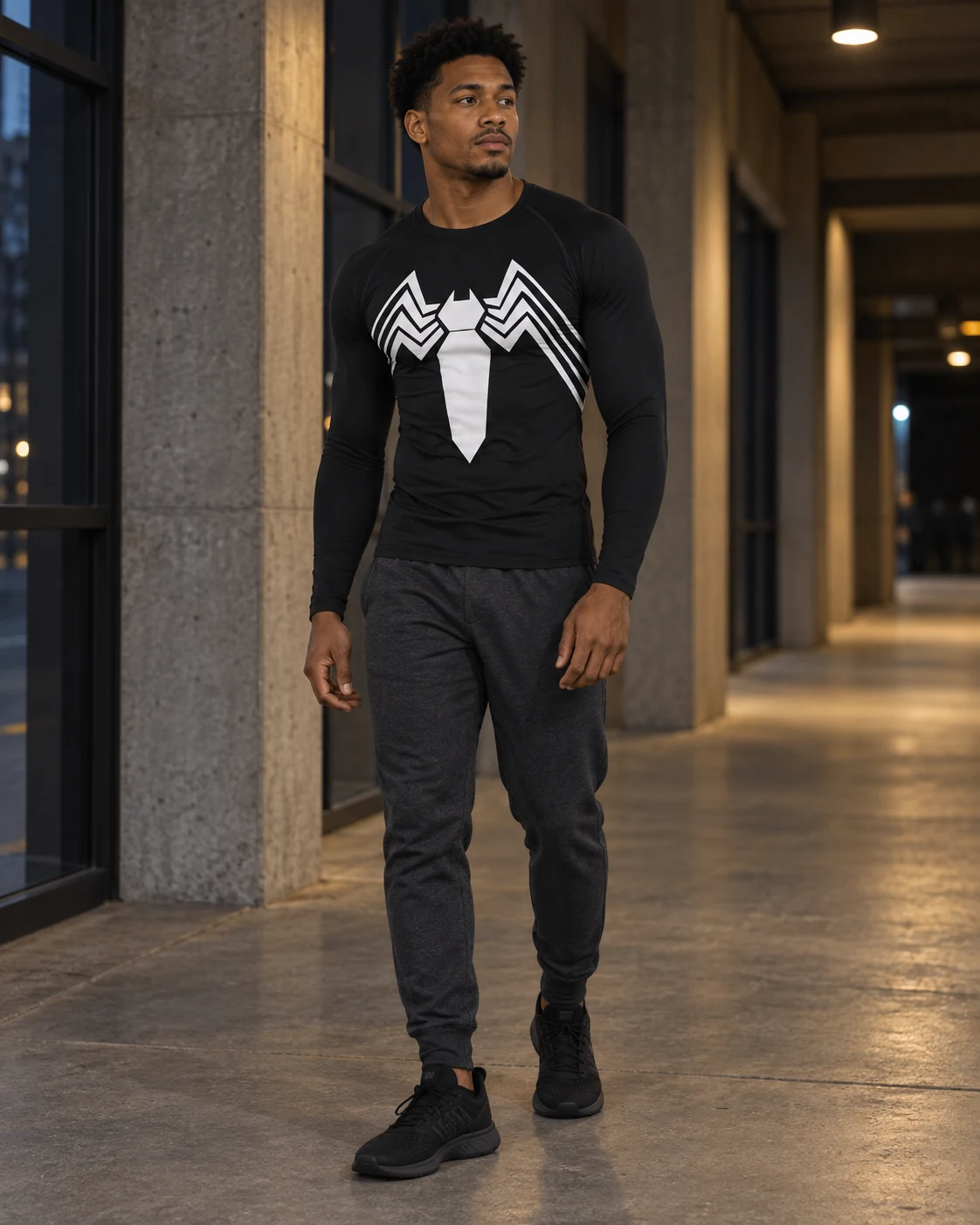 AI-styled look featuring the Spiderman Black Long Sleeve Compression Shirt with charcoal joggers in an industrial walkway