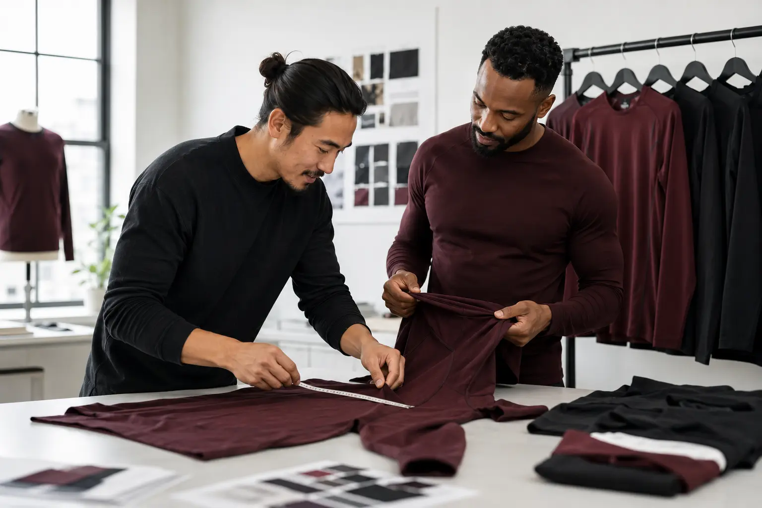 Team members checking the measurements and construction of a burgundy compression shirt