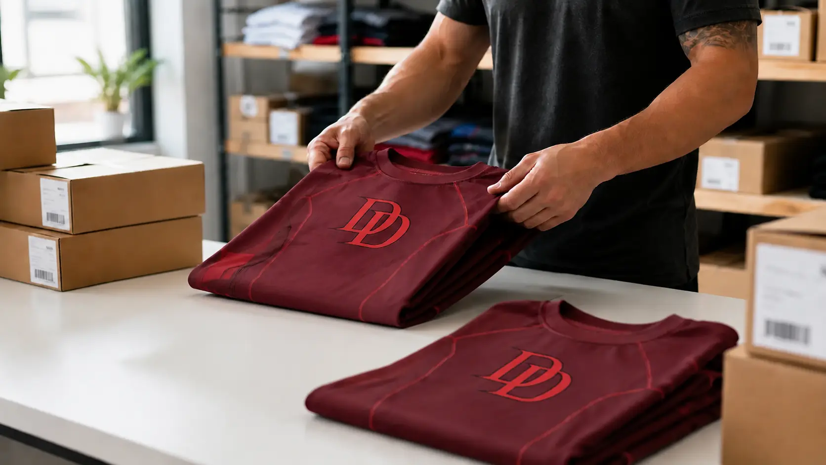 Burgundy compression apparel being prepared on a worktable