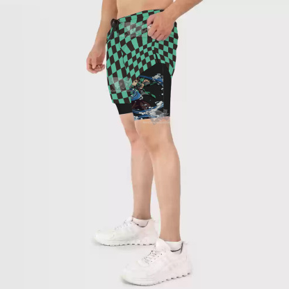 Demon Slayer Tanjiro Kamado Green Lattice Men Compression Gym Short