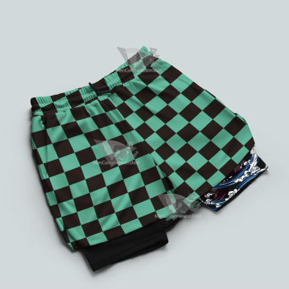 Demon Slayer Tanjiro Kamado Green Lattice Men Compression Gym Short