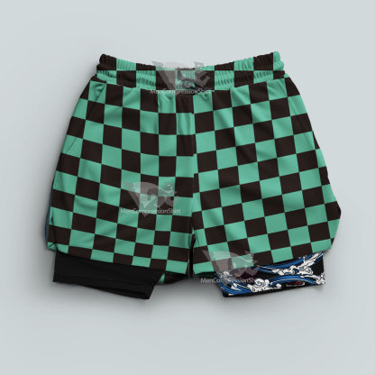 Demon Slayer Tanjiro Kamado Green Lattice Men Compression Gym Short