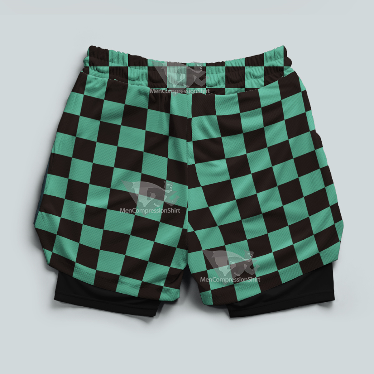 Demon Slayer Tanjiro Kamado Green Lattice Men Compression Gym Short