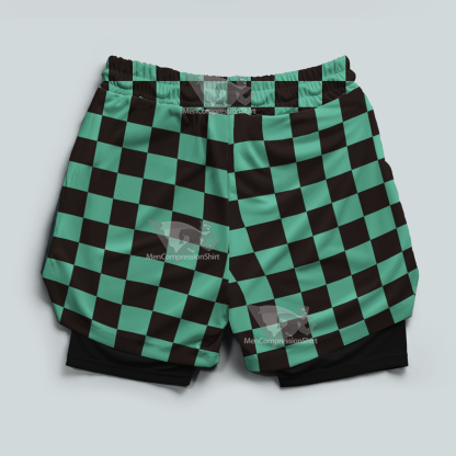 Demon Slayer Tanjiro Kamado Green Lattice Men Compression Gym Short