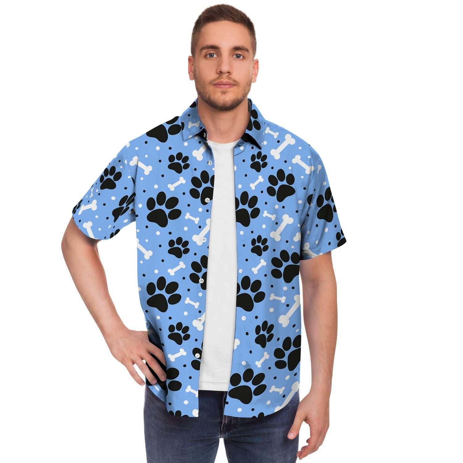 Dog Bone Paw Men Print Short Sleeve Button-Up Shirts