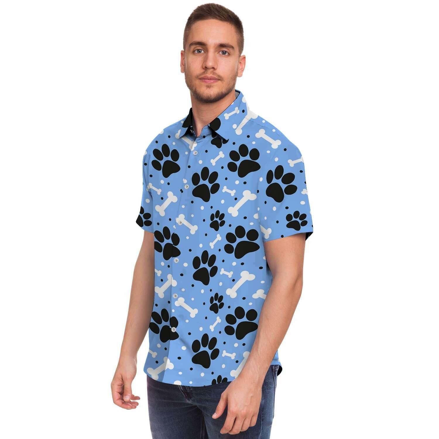Dog Bone Paw Men Print Short Sleeve Button-Up Shirts