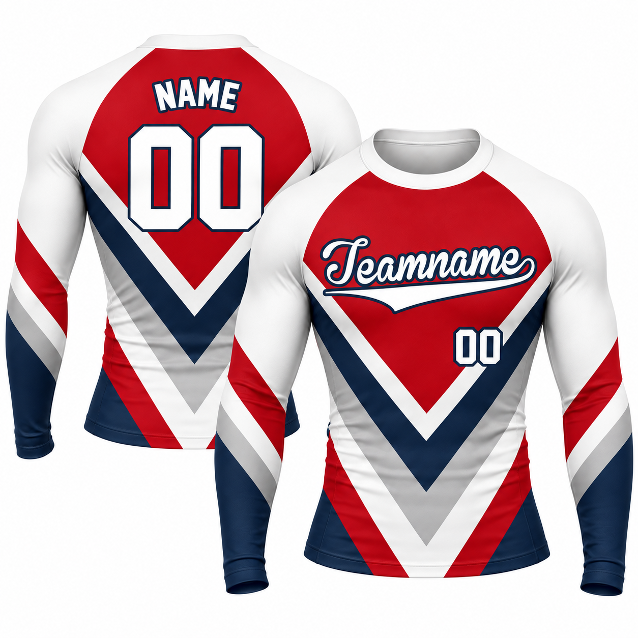 Triple Chevron Red Primary Navy Gray Accents Customizable Long Sleeve Compression Shirt