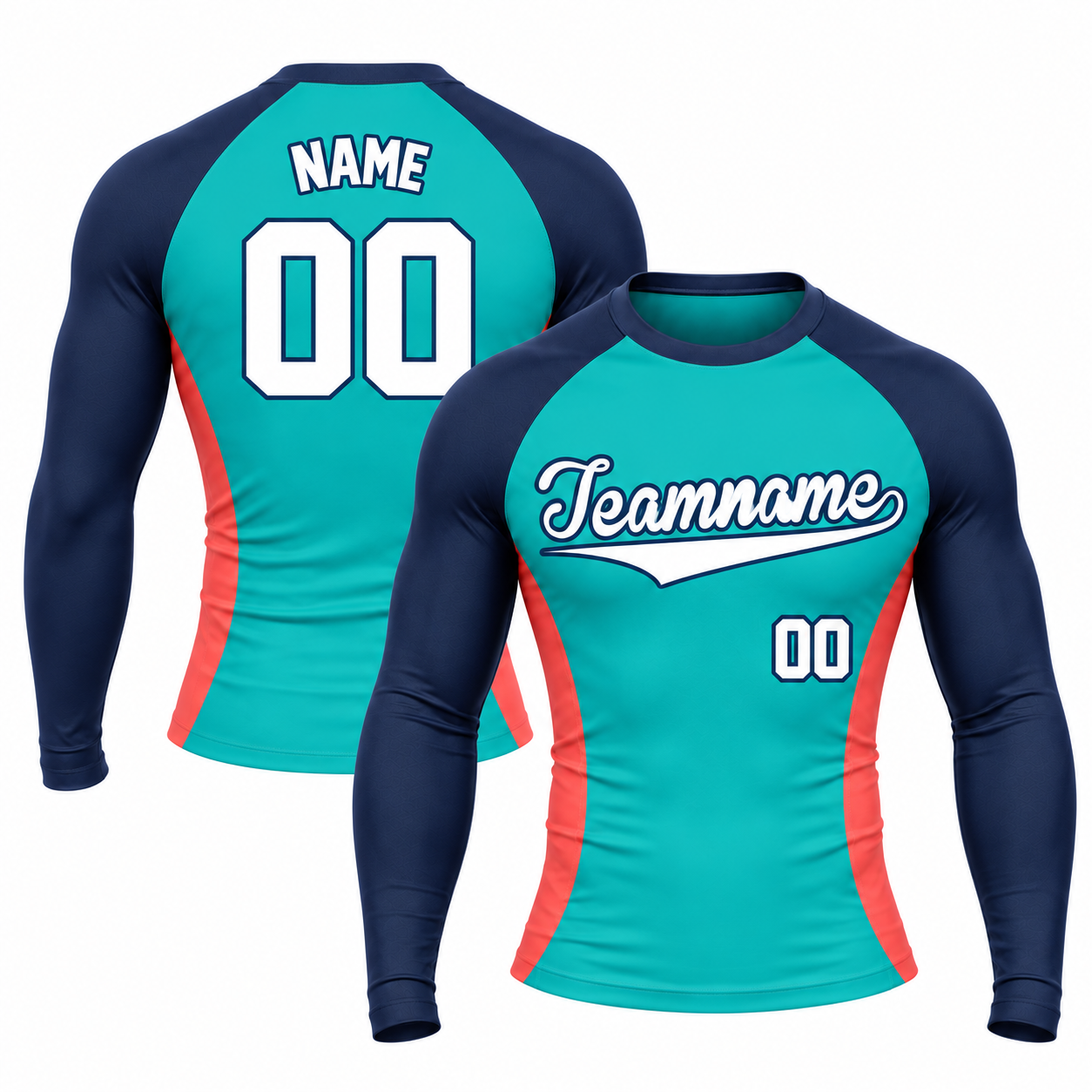 Side Panel Teal Primary Navy Accent Customizable Long Sleeve Compression Shirt