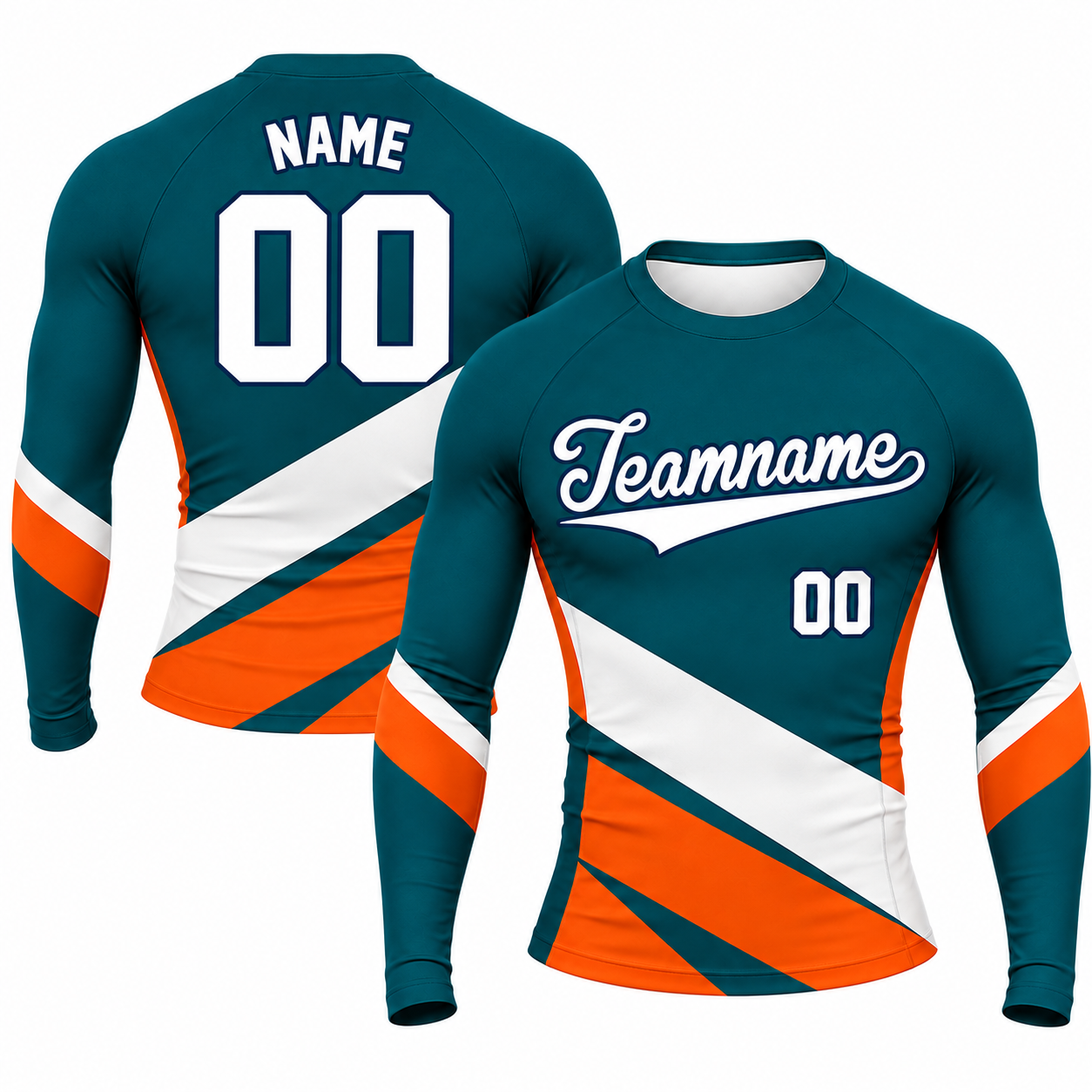 Angular Sash Navy Primary Orange White Accents Customizable Long Sleeve Compression Shirt