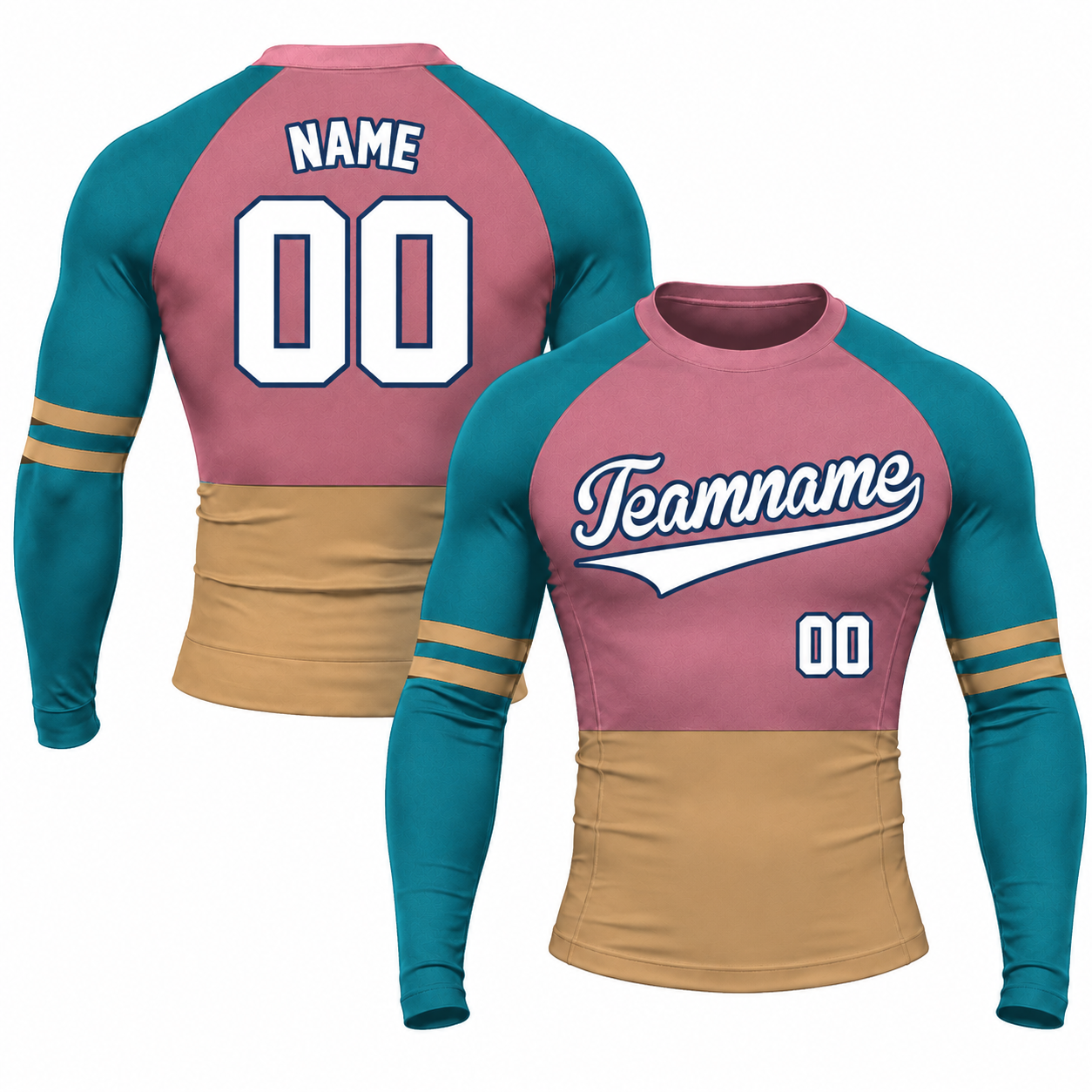 Horizontal Colorblock Pink Primary Orange Accent Customizable Long Sleeve Compression Shirt