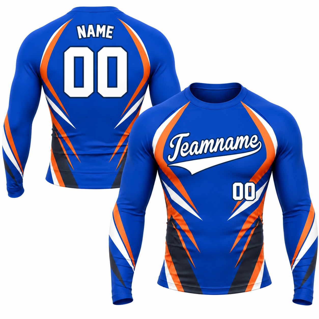 Lightning Stripe Royal Blue Primary Orange Navy Accents Customizable Long Sleeve Compression Shirt
