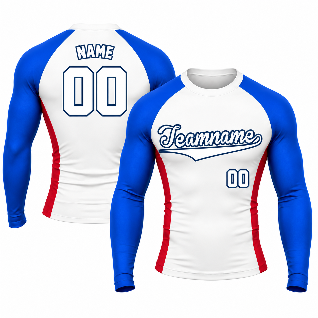 White Royal Blue Red Side Piping Customizable Long Sleeve Compression Shirt