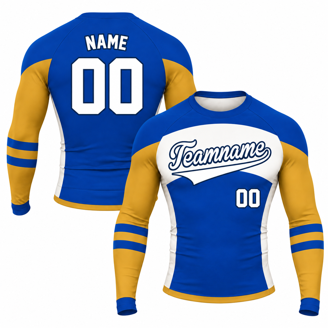 Side Panel Royal Blue Primary Orange Accent Customizable Long Sleeve Compression Shirt