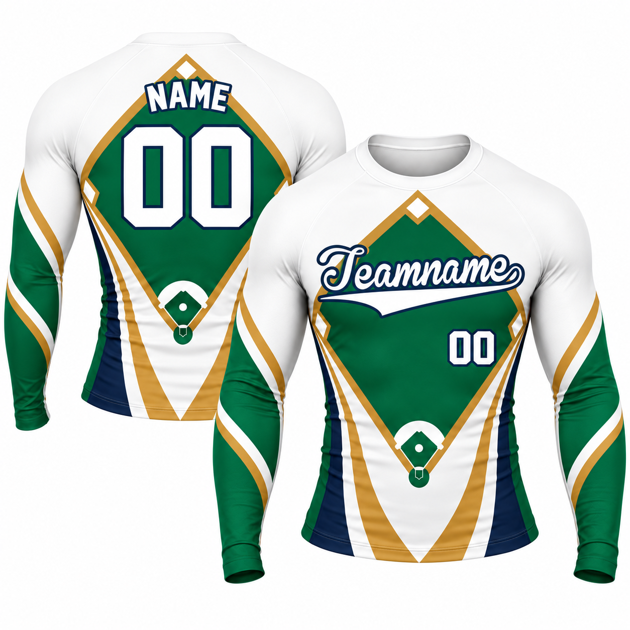 Baseball Diamond Panel Green Customizable Long Sleeve Compression Shirt