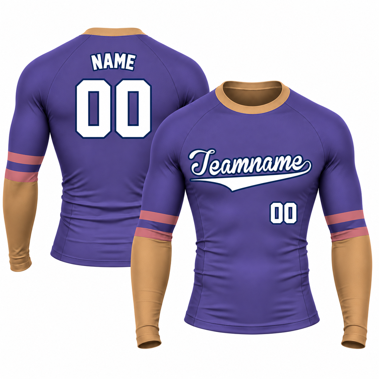 Double Stripe Blue Customizable Long Sleeve Compression Shirt