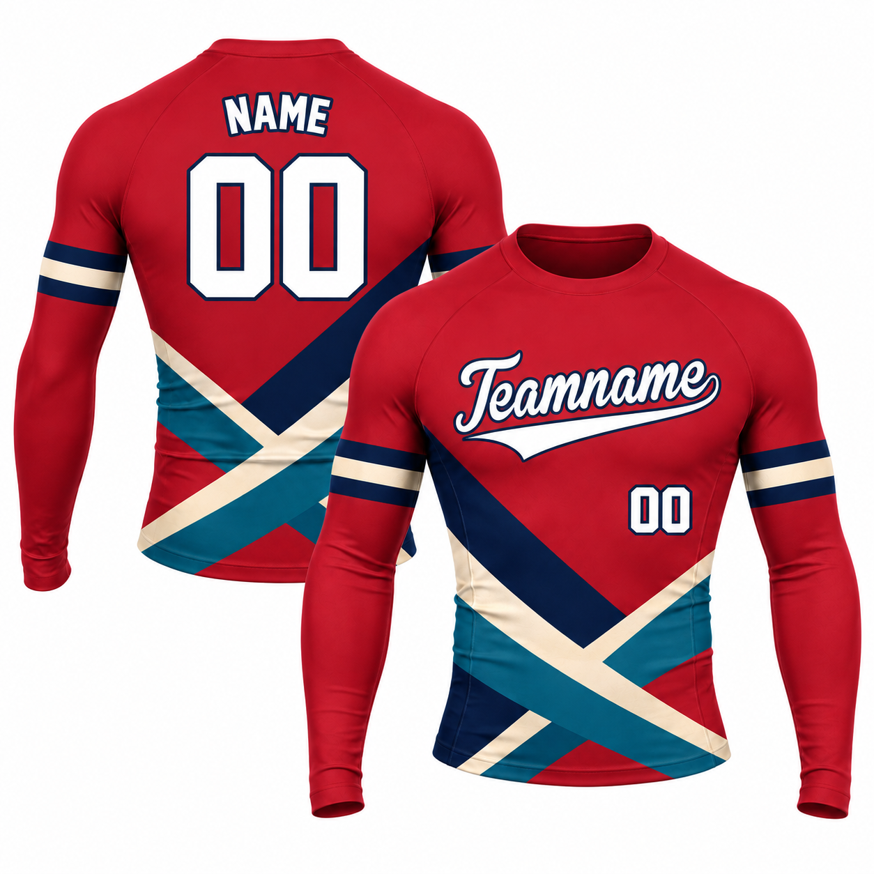 Cross Panel Red Customizable Long Sleeve Compression Shirt