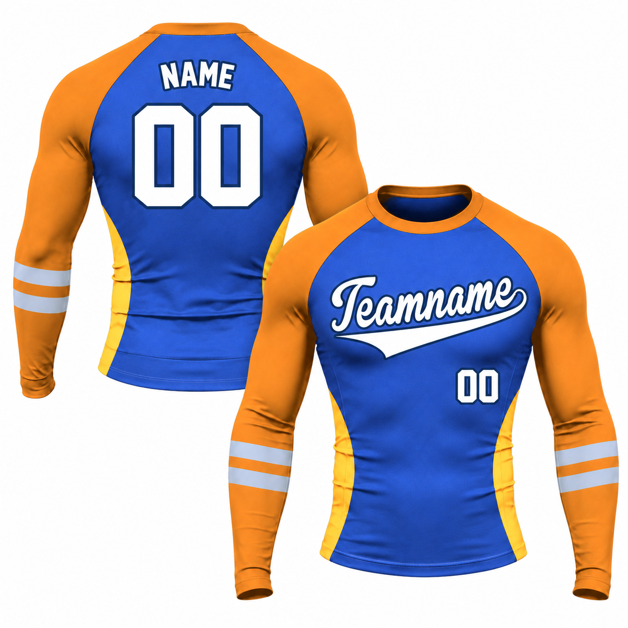 Side Panel Double Stripe Royal Blue Customizable Long Sleeve Compression Shirt