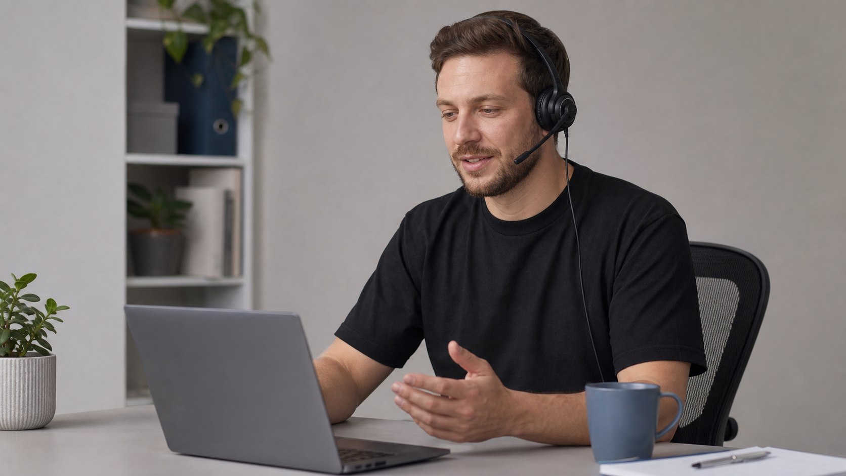 Customer support specialist assisting through a laptop