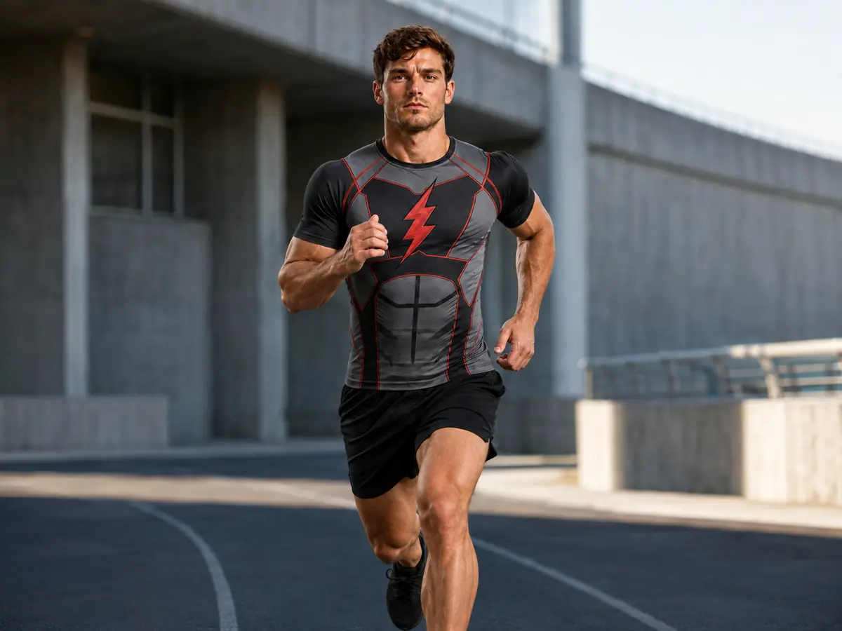 Runner wearing a black and gray short sleeve compression shirt with red graphics