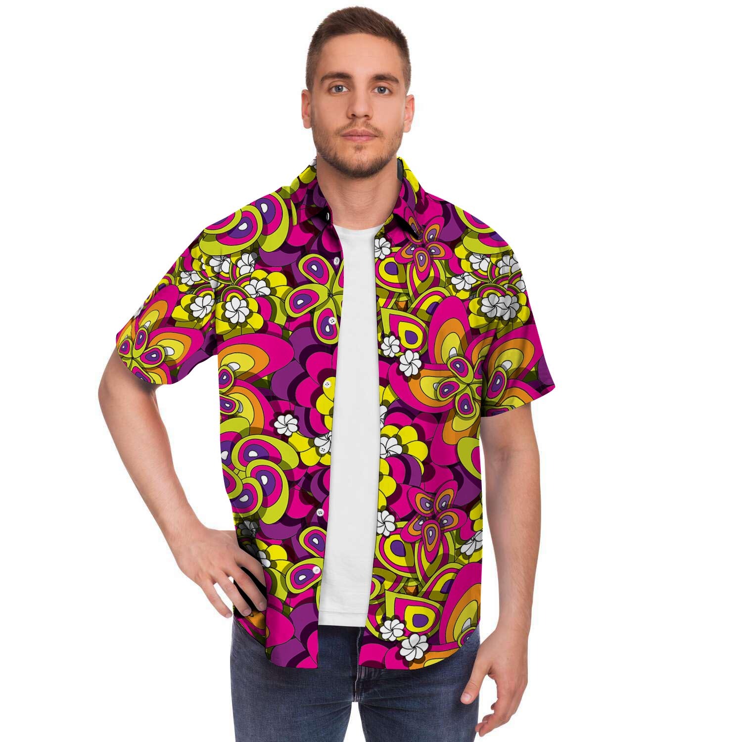 Floral Trippy Men Print Short Sleeve Button-Up Shirts