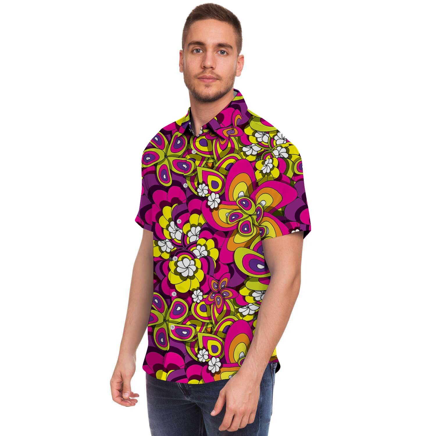 Floral Trippy Men Print Short Sleeve Button-Up Shirts