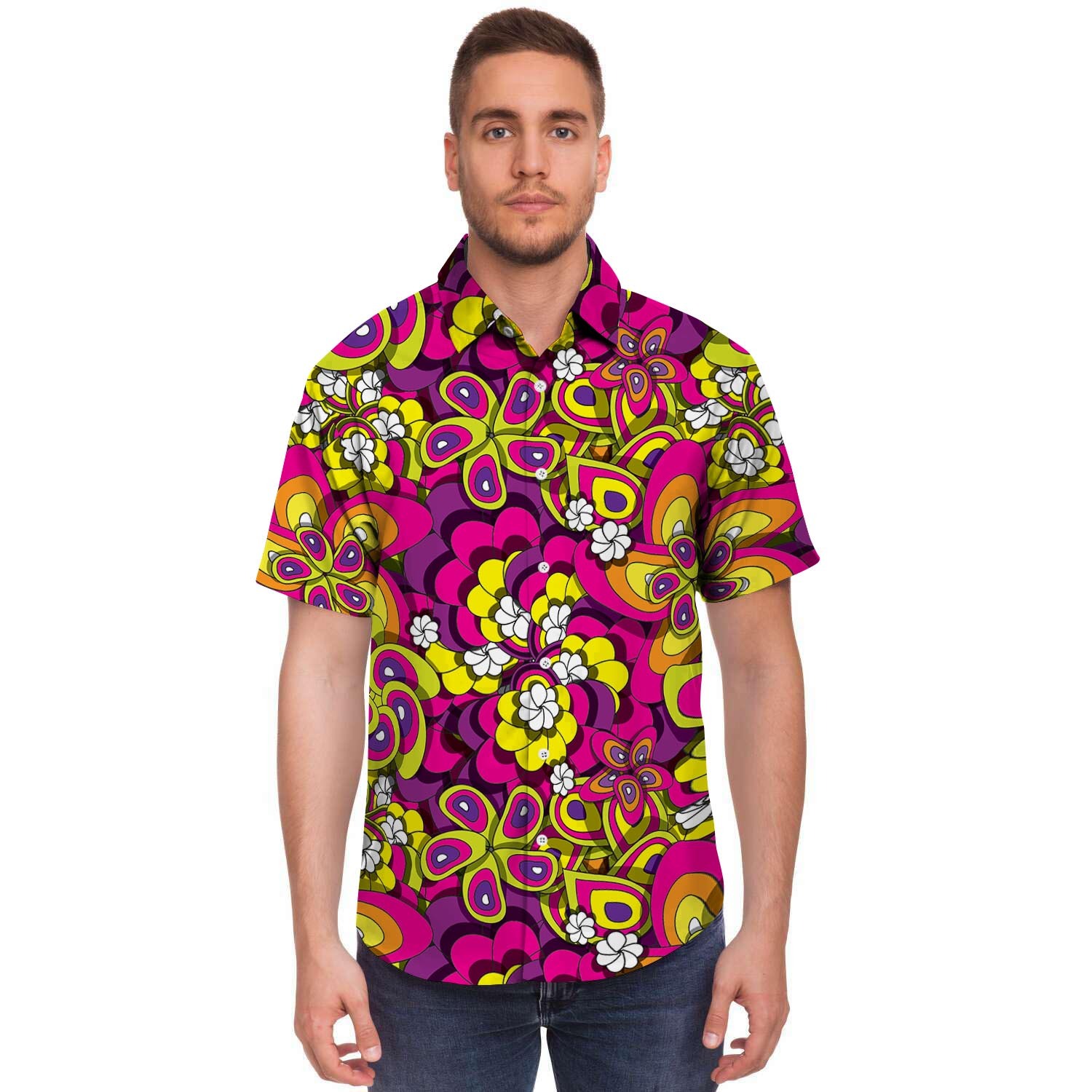 Floral Trippy Men Print Short Sleeve Button-Up Shirts