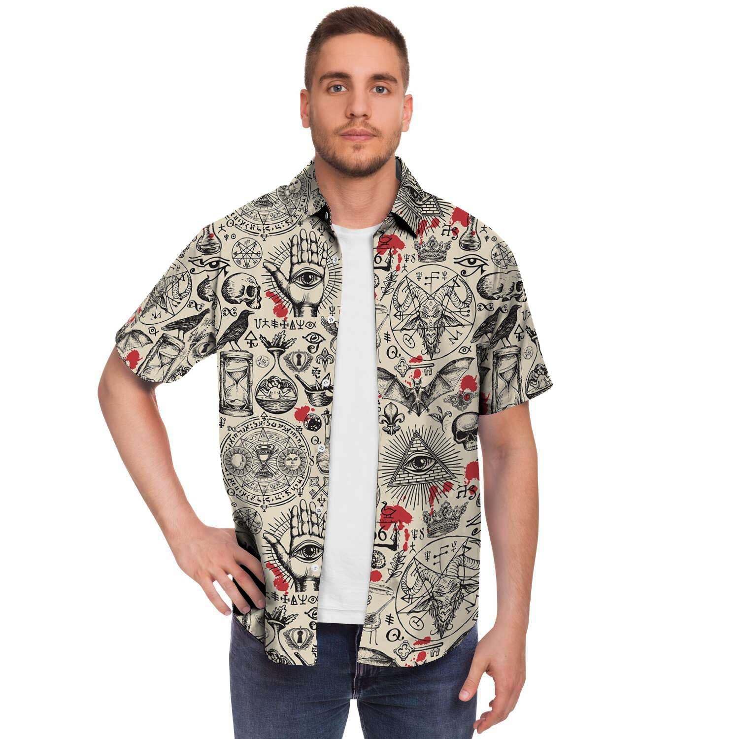 Freemason Satanic Gothic Witch Men Print Short Sleeve Button-Up Shirts