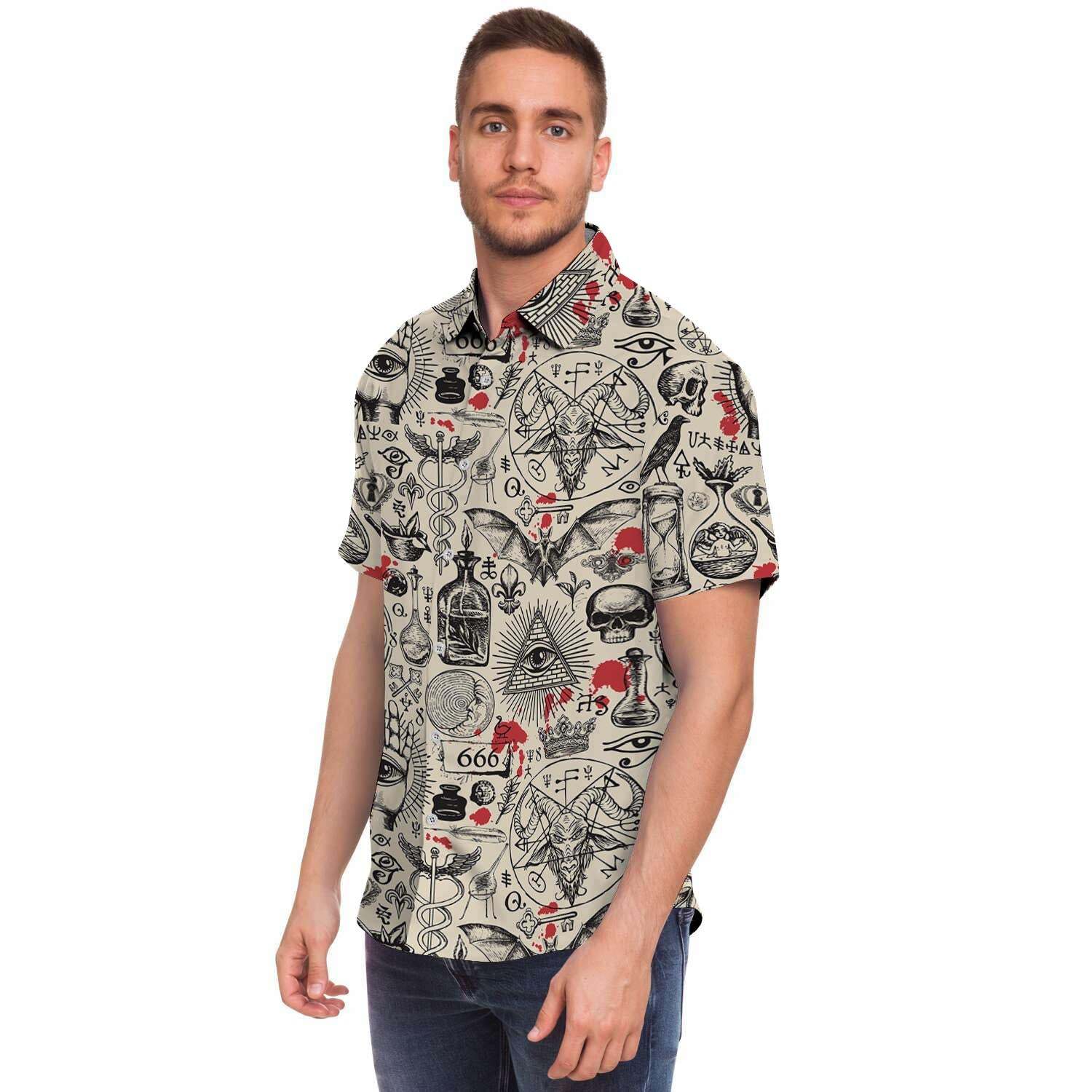 Freemason Satanic Gothic Witch Men Print Short Sleeve Button-Up Shirts