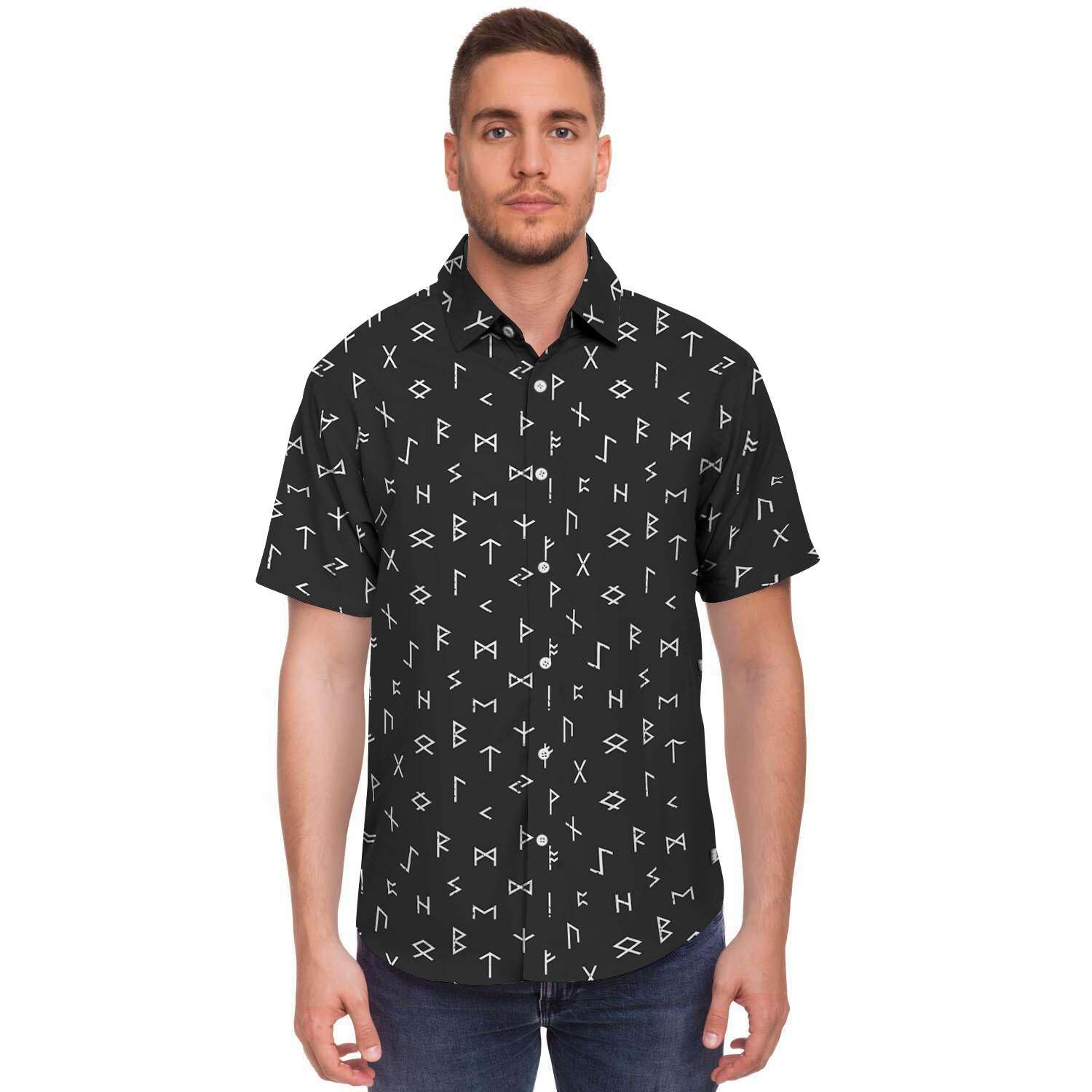 Futhark Viking Men Print Short Sleeve Button-Up Shirts