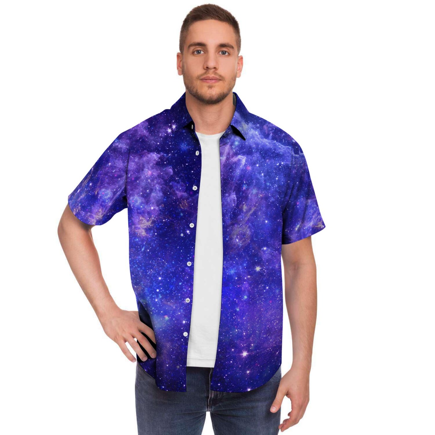 Galaxy Blue Space Men Print Short Sleeve Button-Up Shirts