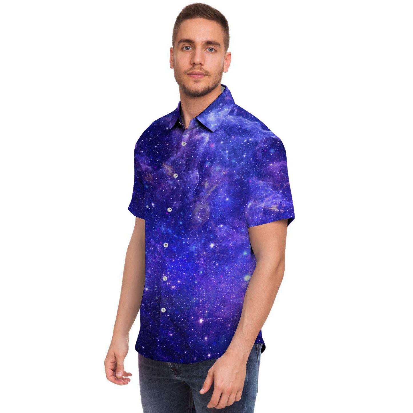 Galaxy Blue Space Men Print Short Sleeve Button-Up Shirts