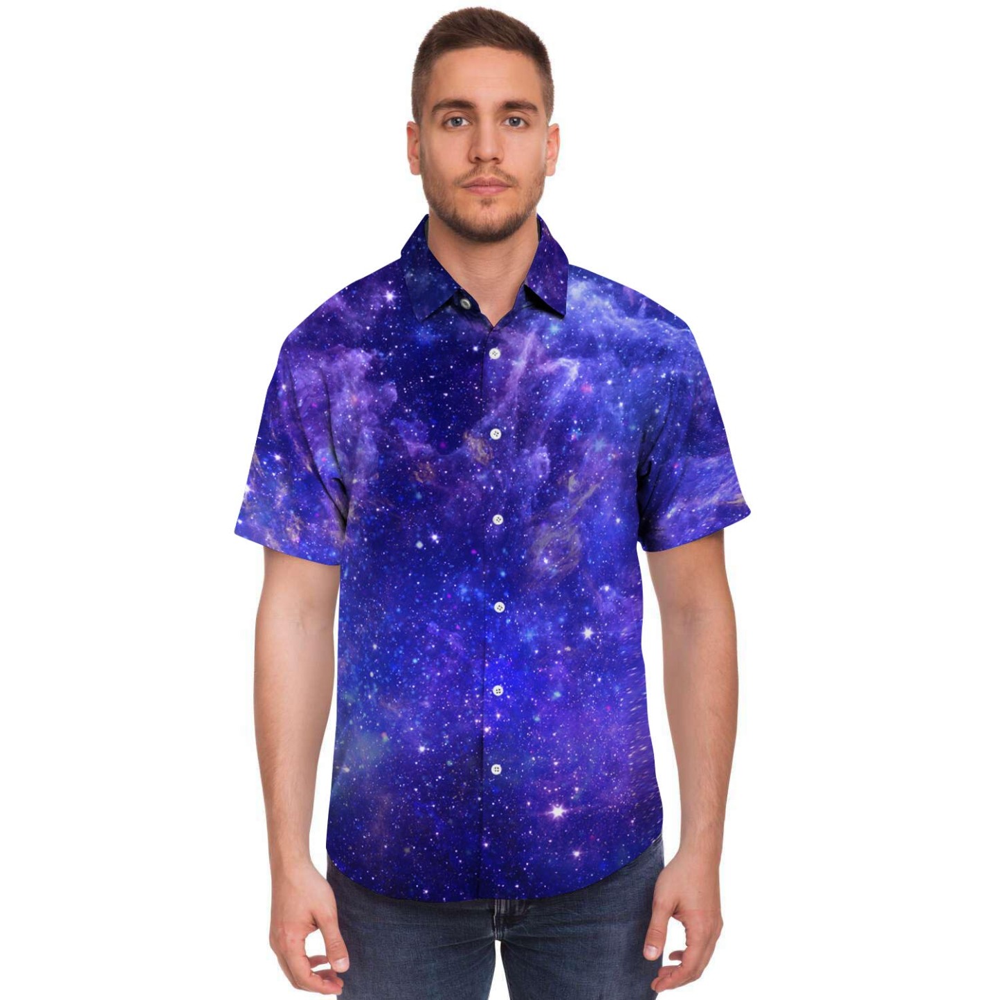 Galaxy Blue Space Men Print Short Sleeve Button-Up Shirts